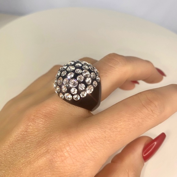 Women’s Black Acrylic Ring Embellished With Swarovski Crystal Stones, Dome Shape - Picture 14 of 15